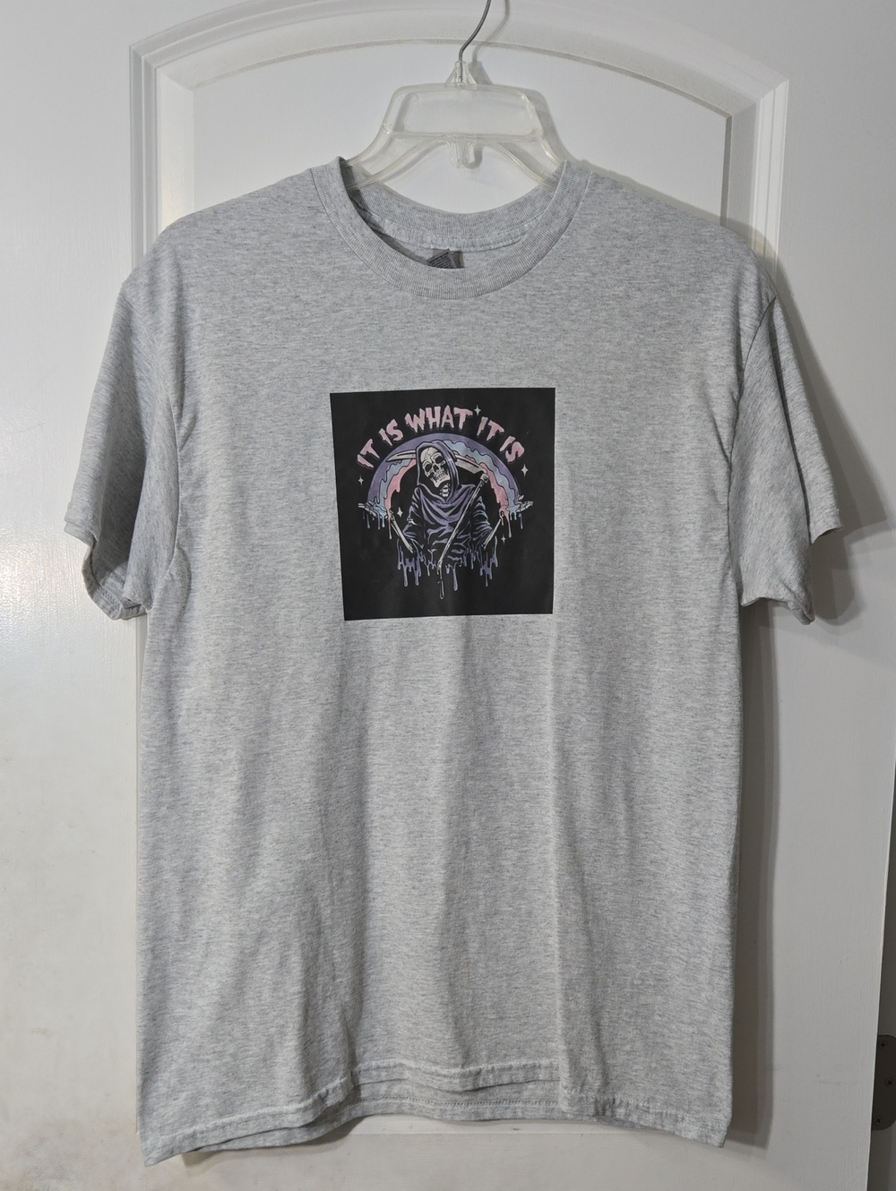 Hans Craftes Grey Graphic Tee with 'It Is What It Is' Grim Reaper Large